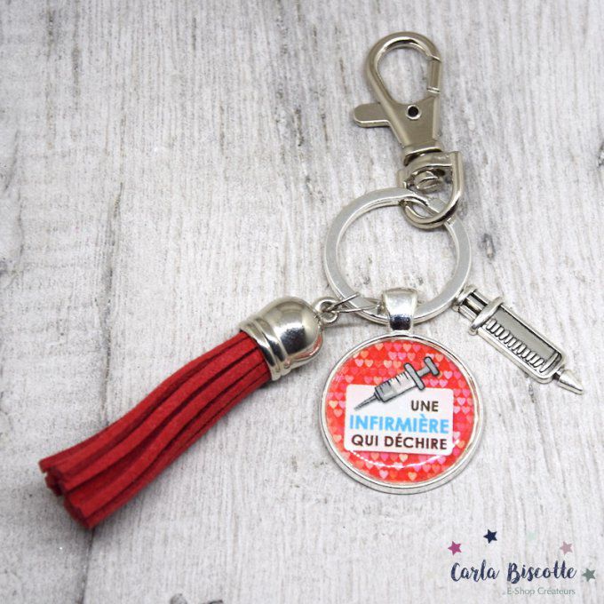 Porte-clés Super infirmière pompon rouge